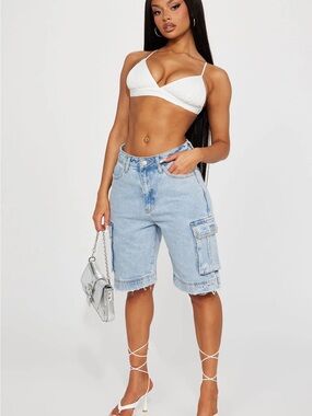 Light Blue Denim Cargo Bermuda Shorts